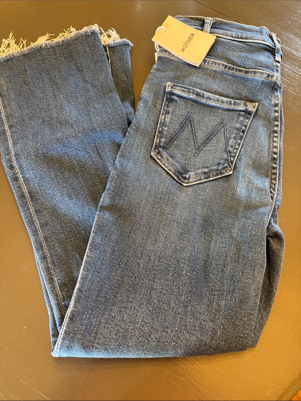 MOTHER Raw Hem Straight Leg Jeans - Medium Blue size 25 the hustler ankle fray